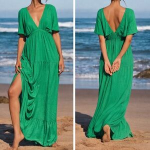 Free People La La Maxi Dress FP Beach Green Flutter Sleeve Open Back - Size S